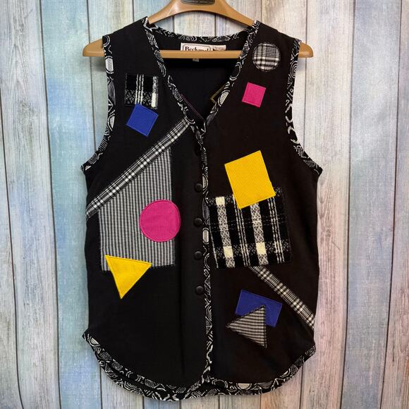 Vintage 90’s Vest Neon Retro Cotton Small Bechamel Patchwork Geometric Shapes - Picture 5 of 9